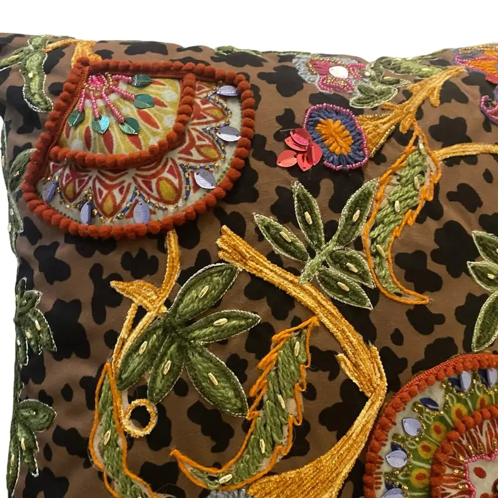 Handmade Decorative Accent Pillow with Embroidered Beaded Accents & Animal Print